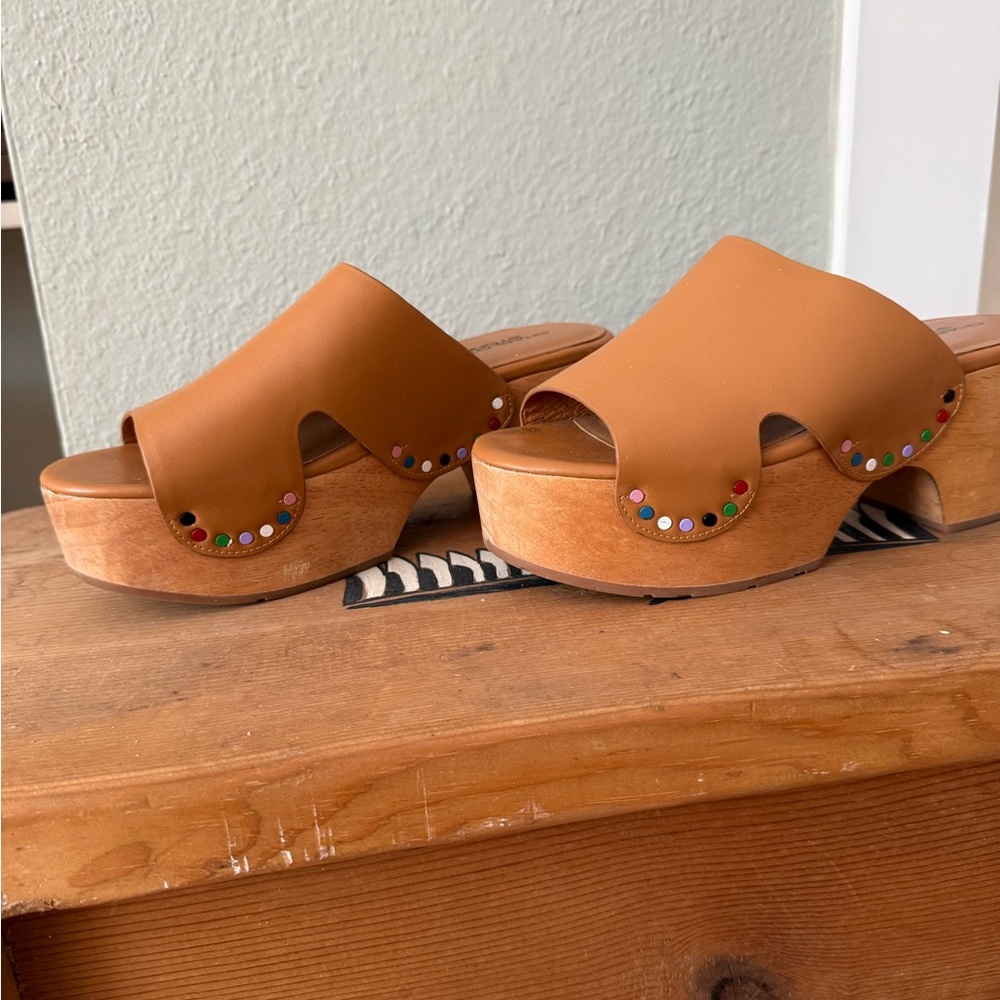Glenna Tan Leather Platform Slide Mules with Multicolor Studs - Picture 3 of 5